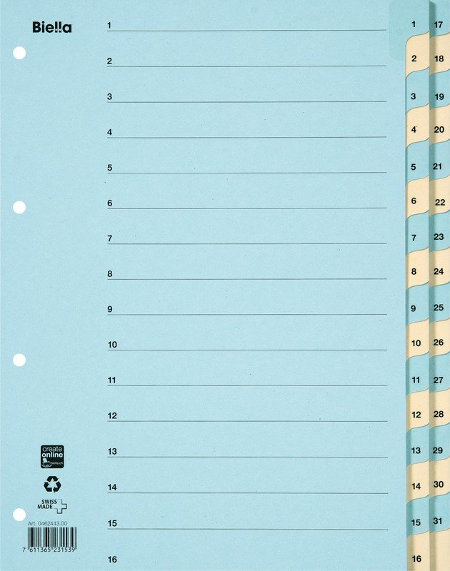 Biella Kartonregister A4 220gr 1-31 mit Indexblatt Pic1