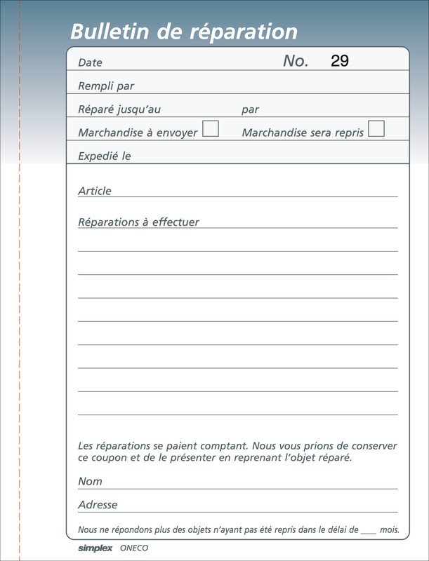 Oneco Bulletins de réparation A6 50x3 F Pic2
