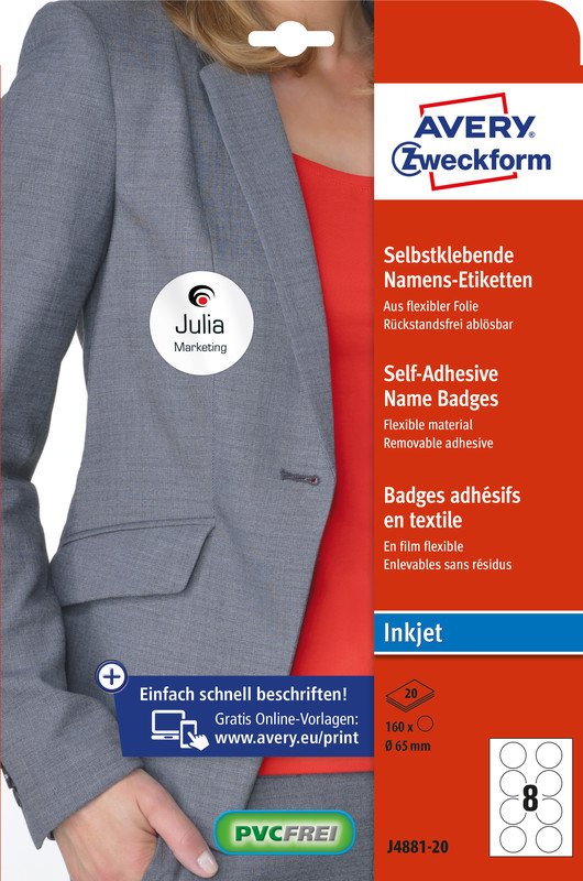 AVERY Zweckform L4881-20 Naametiketten (160 ronde naamstickers, 65 mm op A4, zelfklevend, bedrukbare textieletiketten van acetaatzijde voor laserprinters, zonder resten verwijderbaar) 20 vellen, wit