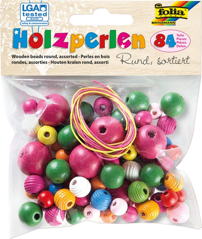 Folia Holzperlen rund Grössen und Farben sortiert à 84 Stk. Pic1
