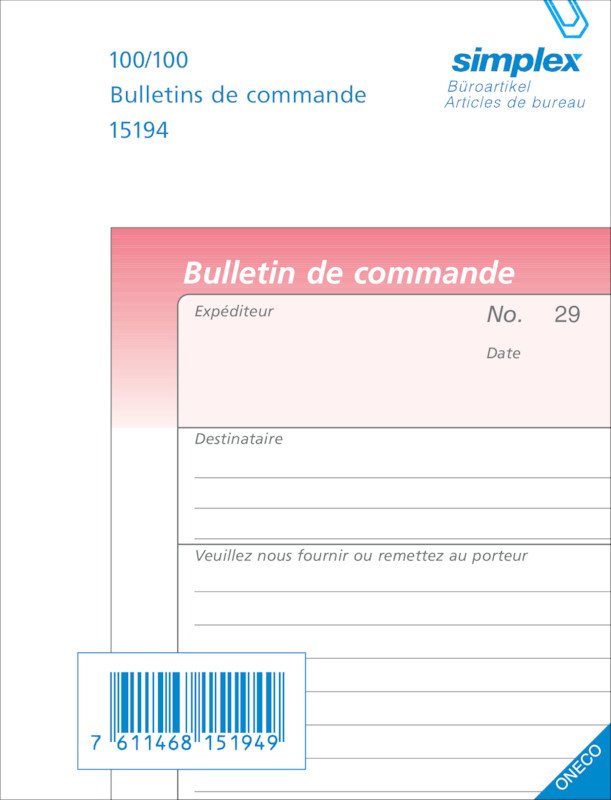 Simplex bulletin de commande Oneco A6 50x3 f Pic1