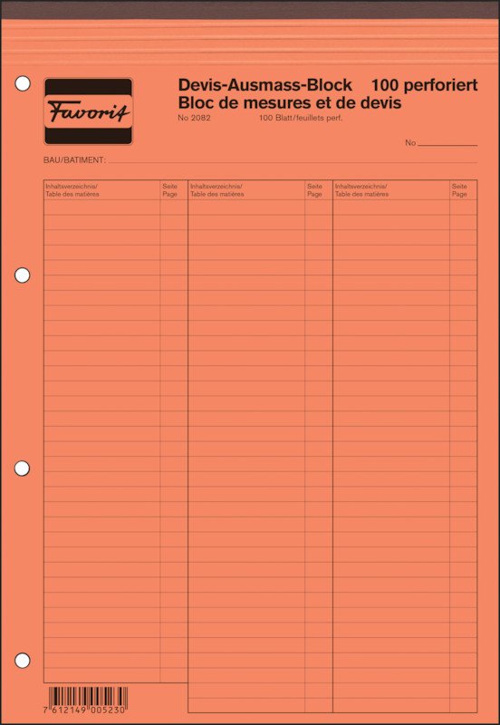 Favorit Devis-Ausmassbuch A4 mit Deckblatt perforiert Pic1