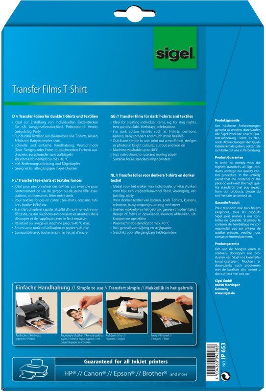 Sigel Inkjet transfer film A4 pour textiles foncés à 6 Pic3