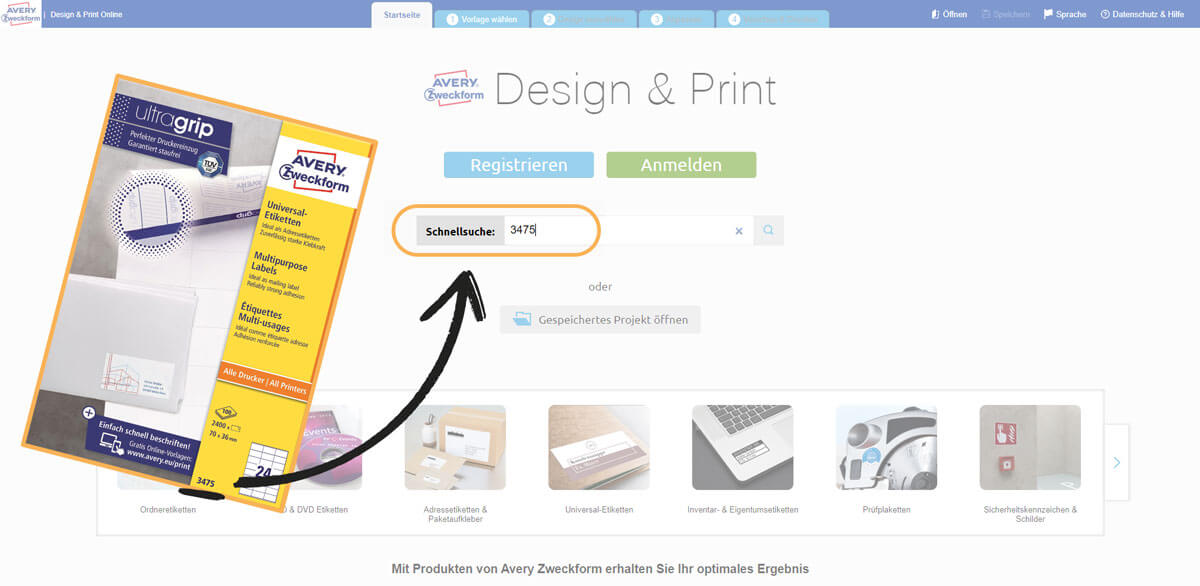 Produktnummer bei Avery Design&Print Online eingeben