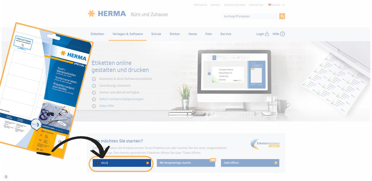 Produktnummer im Etiketten-Assistent-Online von Herma eingeben