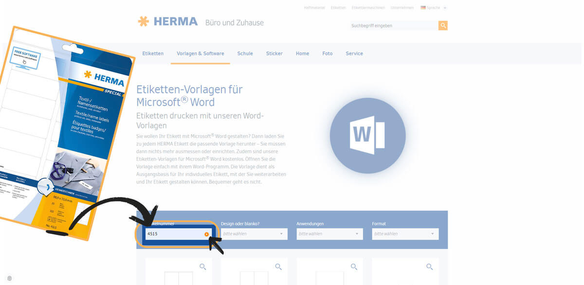 Produktenummer beim Herma Onlineportal eingeben suchen