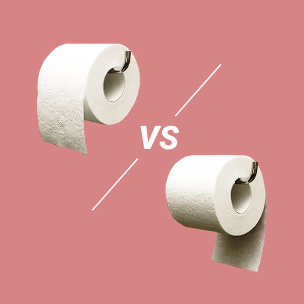 Vorne vs hinten aufrollen des Toilettenpapiers